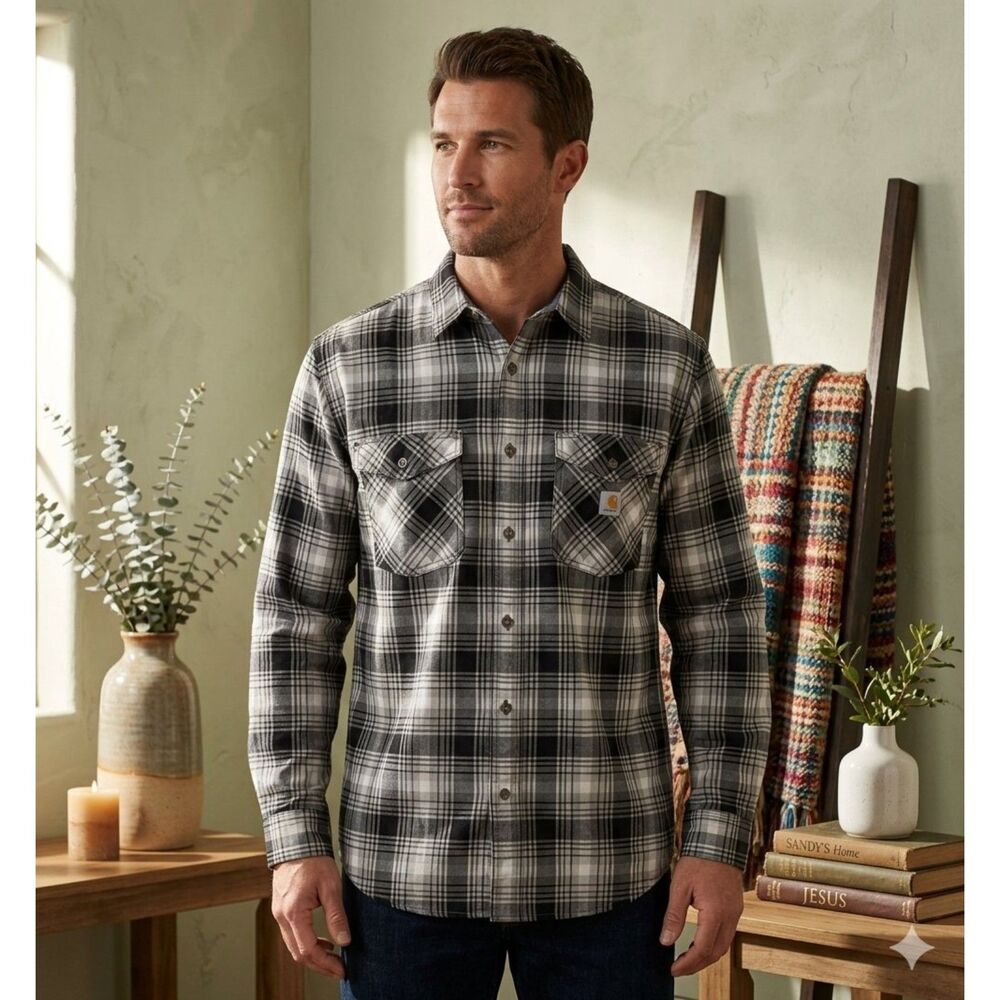 Carhartt Rugged Flex Shirt Mens XL Black Gray Plaid Relaxed Workwear